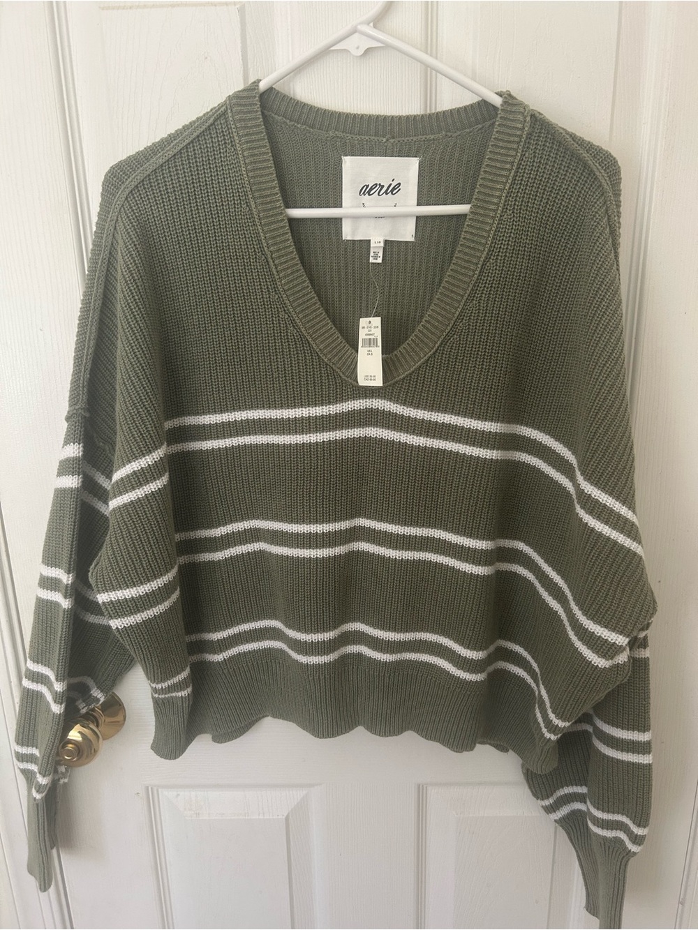 aerie Olive Green and White Striped V-Neck Sweater